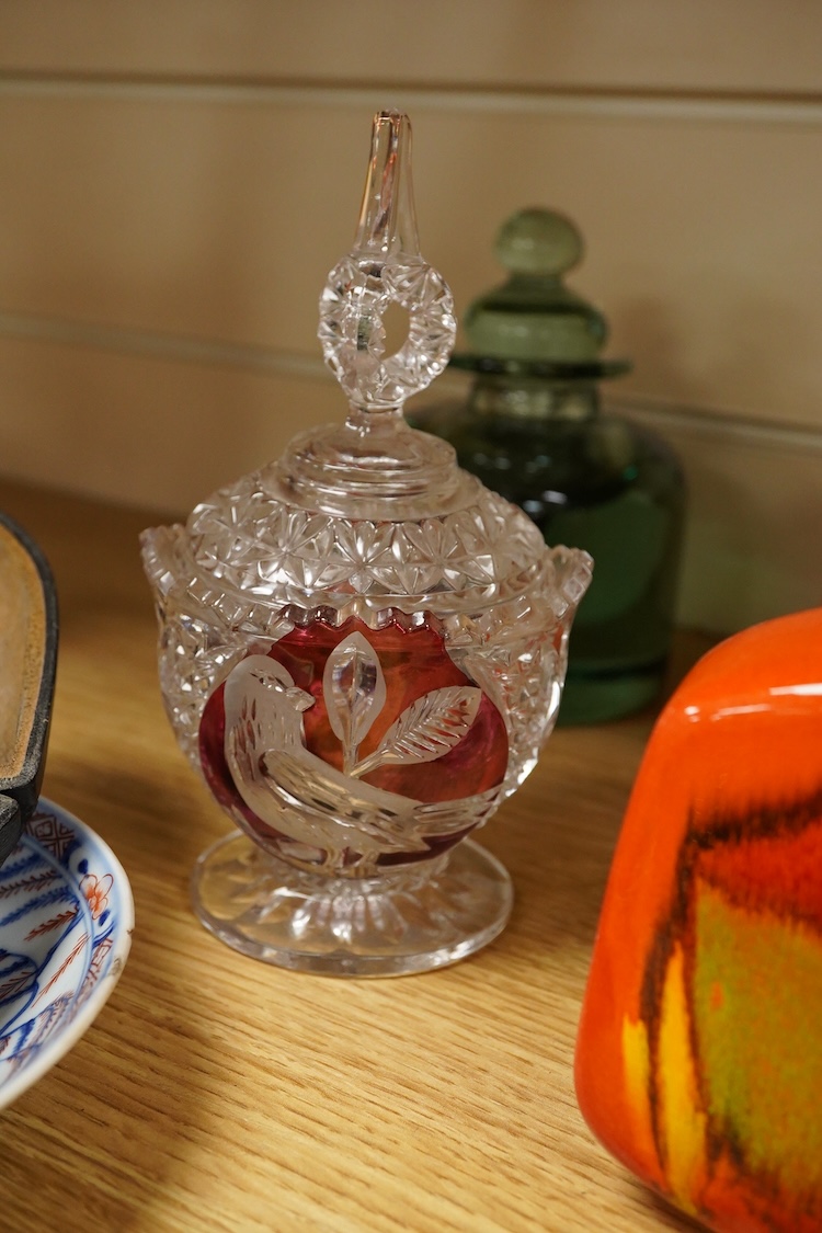 A group of mixed collectables including a Clarice Cliff Fantasque dwarf candlestick, silver mounted meerschaum pipe, etc.